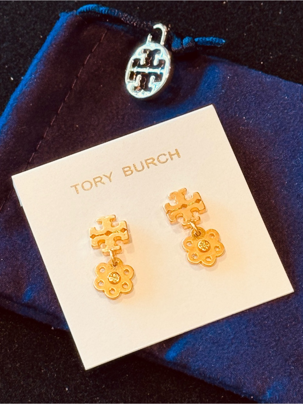 Tory Burch Gold Miller Logo Daisy Flower Drop Earrings NWT